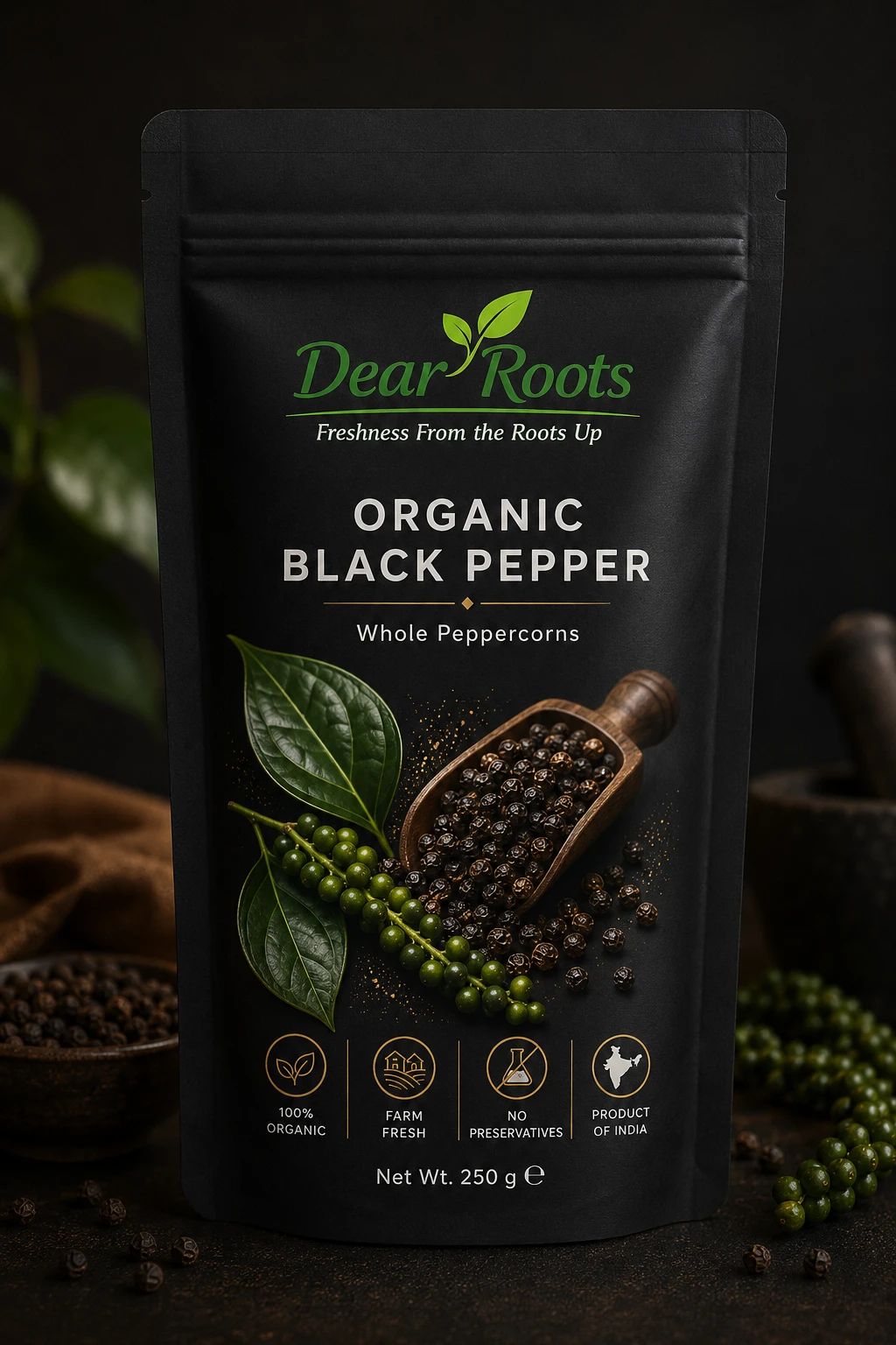 Fresh Kerala black peppercorns, one of the finest traditional Kerala spices